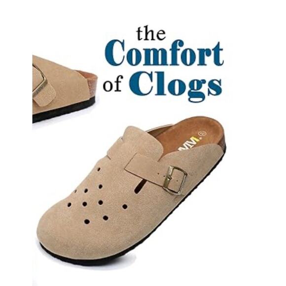 Womens Clogs Slip On Shoes Mules Cork Footbed Suede Leather Size 6 Sand Khaki - Picture 9 of 10